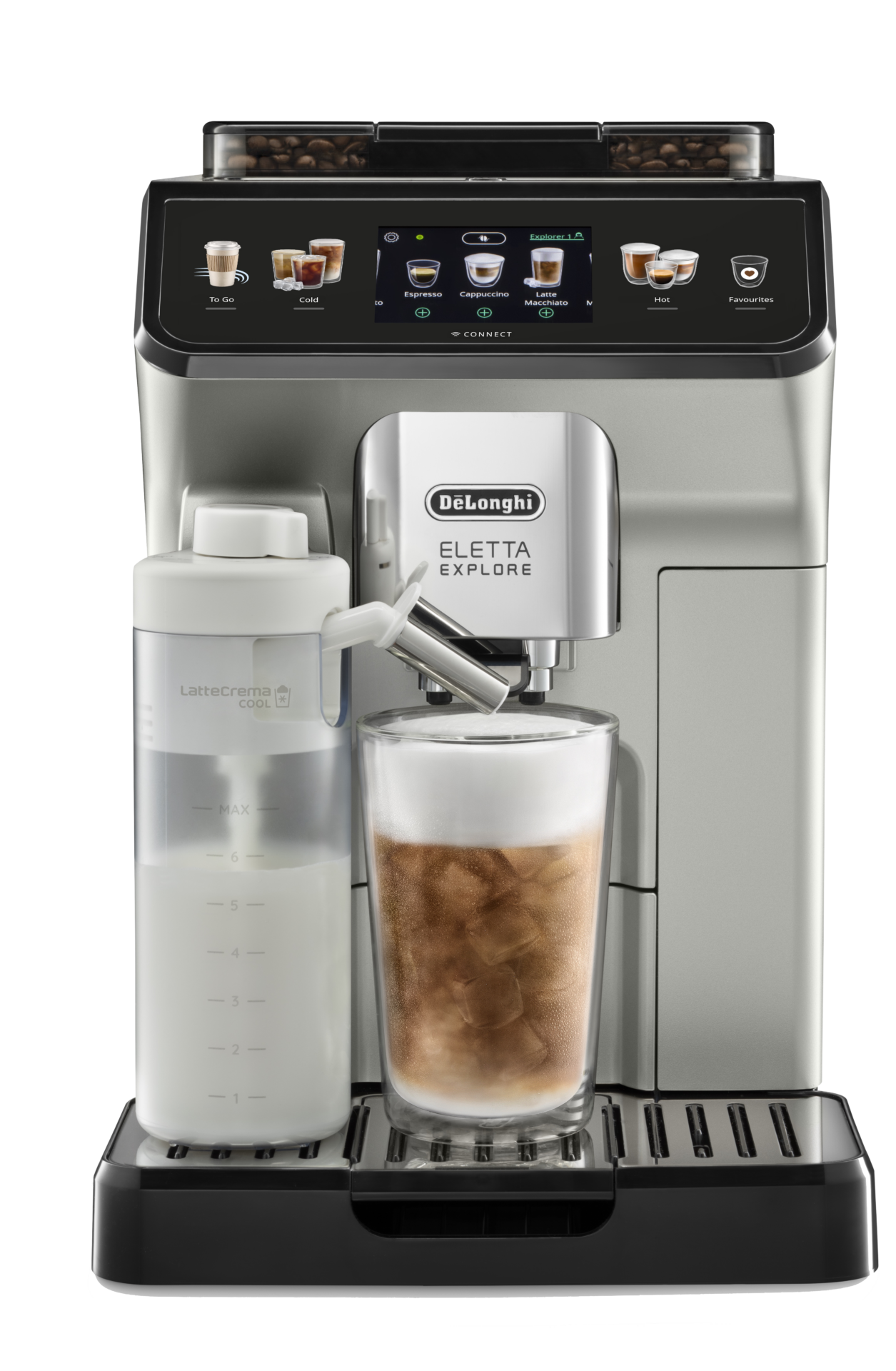ECAM450.65.S fronte fondo bianco cold brew EUR1049 Brad Pitt's favoriete kopje koffie maak je gemakkelijk zelf thuis met de Eletta Explore van De'Longhi